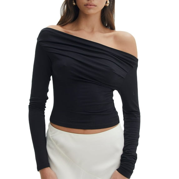 Women Off Shoulder Crop Tops Long Sleeve Solid Color Slim Fit Ruched T-Shirts Dressy Blouses