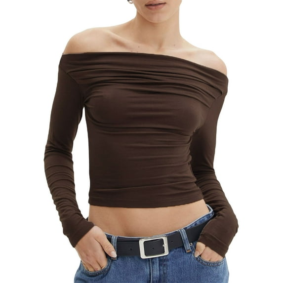 Women Off Shoulder Crop Tops Long Sleeve Solid Color Slim Fit Ruched T-Shirts Dressy Blouses