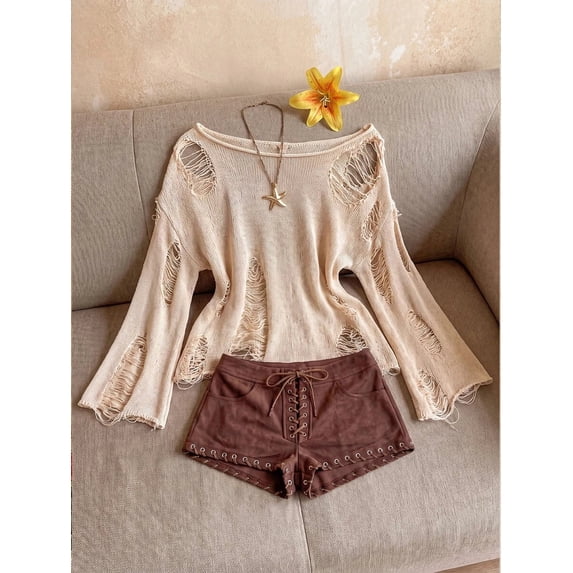 Women Off Shoulder Distressed Long Sleeve Top Hollow Fringe Casual Night Out Outfit