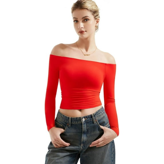 Women Off Shoulder Double Lined Long Sleeve Shirts Basic Going Out Tops