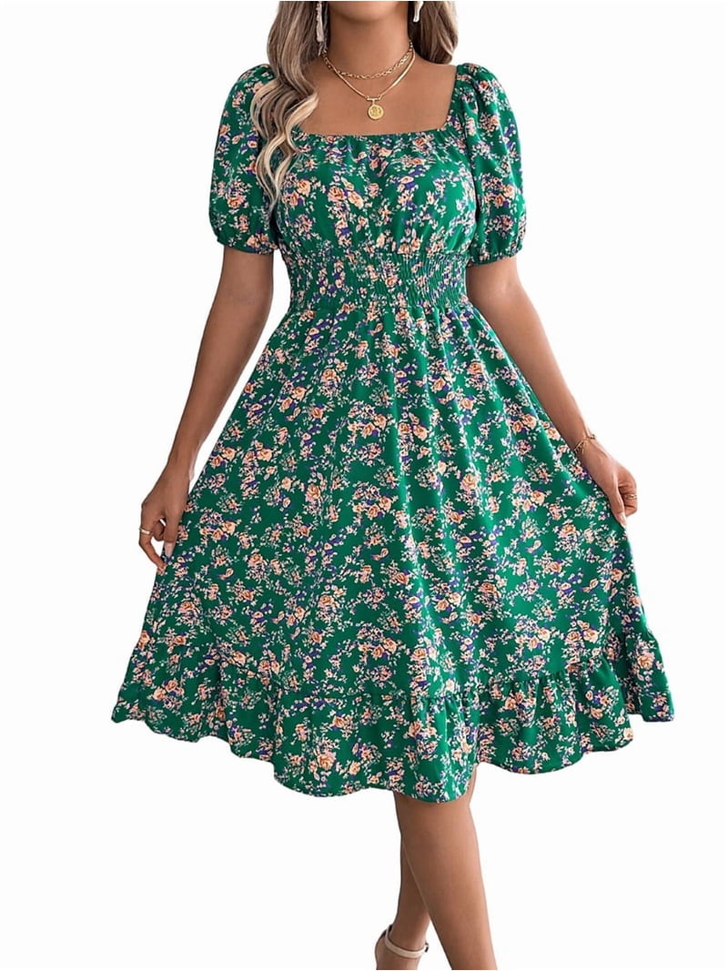 Women Off Shoulder Dress Floral Puff Sleeve Knee-Length A-Line Square-Neck Dresses