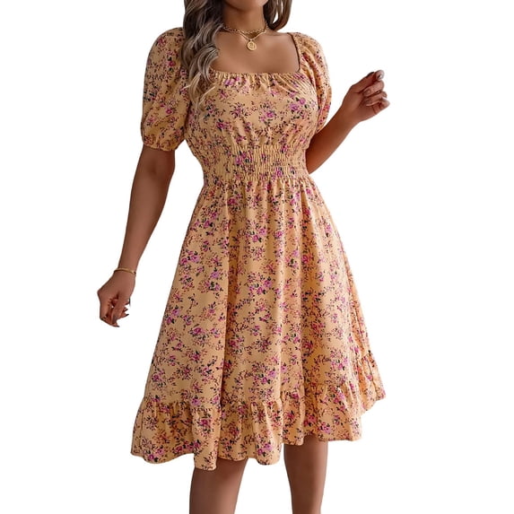 Women Off Shoulder Dress Floral Puff Sleeve Knee-Length A-Line Square-Neck Dresses Yellow M
