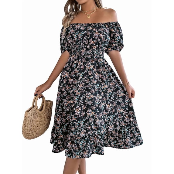 Women Off Shoulder Dress Floral Puff Sleeve Knee-Length A-Line Square-Neck Dresses