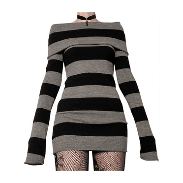 Women Off Shoulder Dress Y2k Stripe Long Sleeve Mini Dress Fall Knit Dress Goth Dress Bodycon Sweater