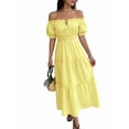thumbnail image 1 of Women Off Shoulder Dresses Trendy Puff Short Sleeve Ruffle Flowy A Line Beach Party Maxi Dress Yellow S, 1 of 9