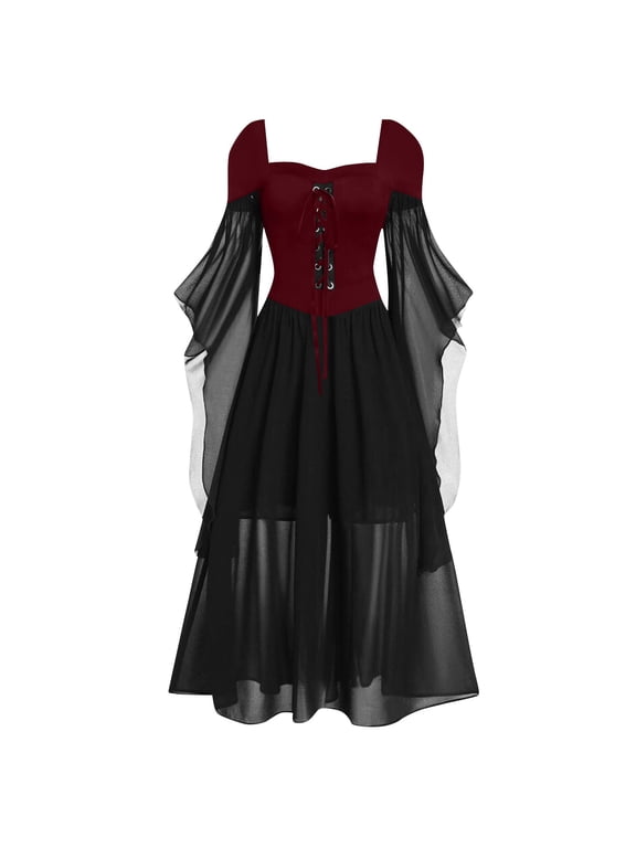 Women Off Shoulder Gothic Dress Lace Up Bodice Layered Ruffle Sleeves Medieval Style Costume for Halloween Party