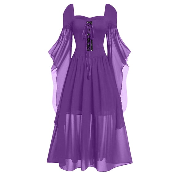 Women Off Shoulder Gothic Lace Dress Layered Sheer Skirt Butterfly Sleeve Medieval Style Halloween Costume Outfit