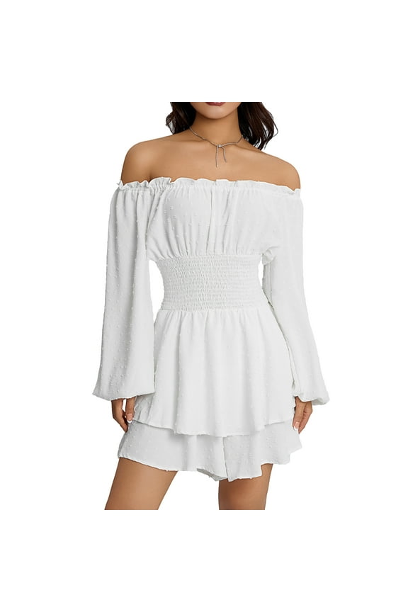 Women Off Shoulder Jumpsuit Swiss Dot Baggy Sleeve Smocked Waist Double Layer Ruffle Hem Short Mini Dress Romper