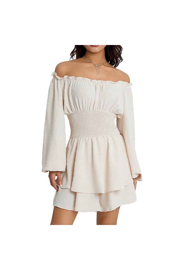 Women Off Shoulder Jumpsuit Swiss Dot Baggy Sleeve Smocked Waist Double Layer Ruffle Hem Short Mini Dress Romper