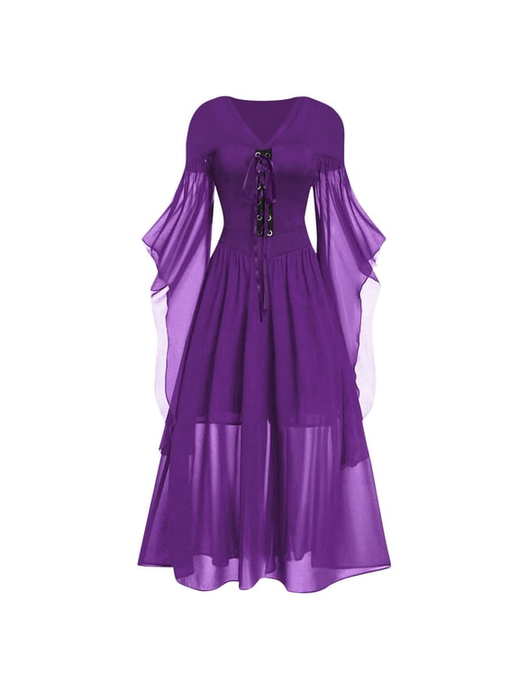 Women Off Shoulder Lace Up Gothic Dress with Lace Butterfly Sleeves and Solid Color Design for Halloween Cosplay Party
