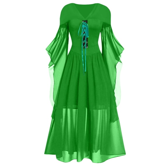 Women Off Shoulder Lace Up Gothic Dress with Lace Butterfly Sleeves and Solid Color Design for Halloween Cosplay Party