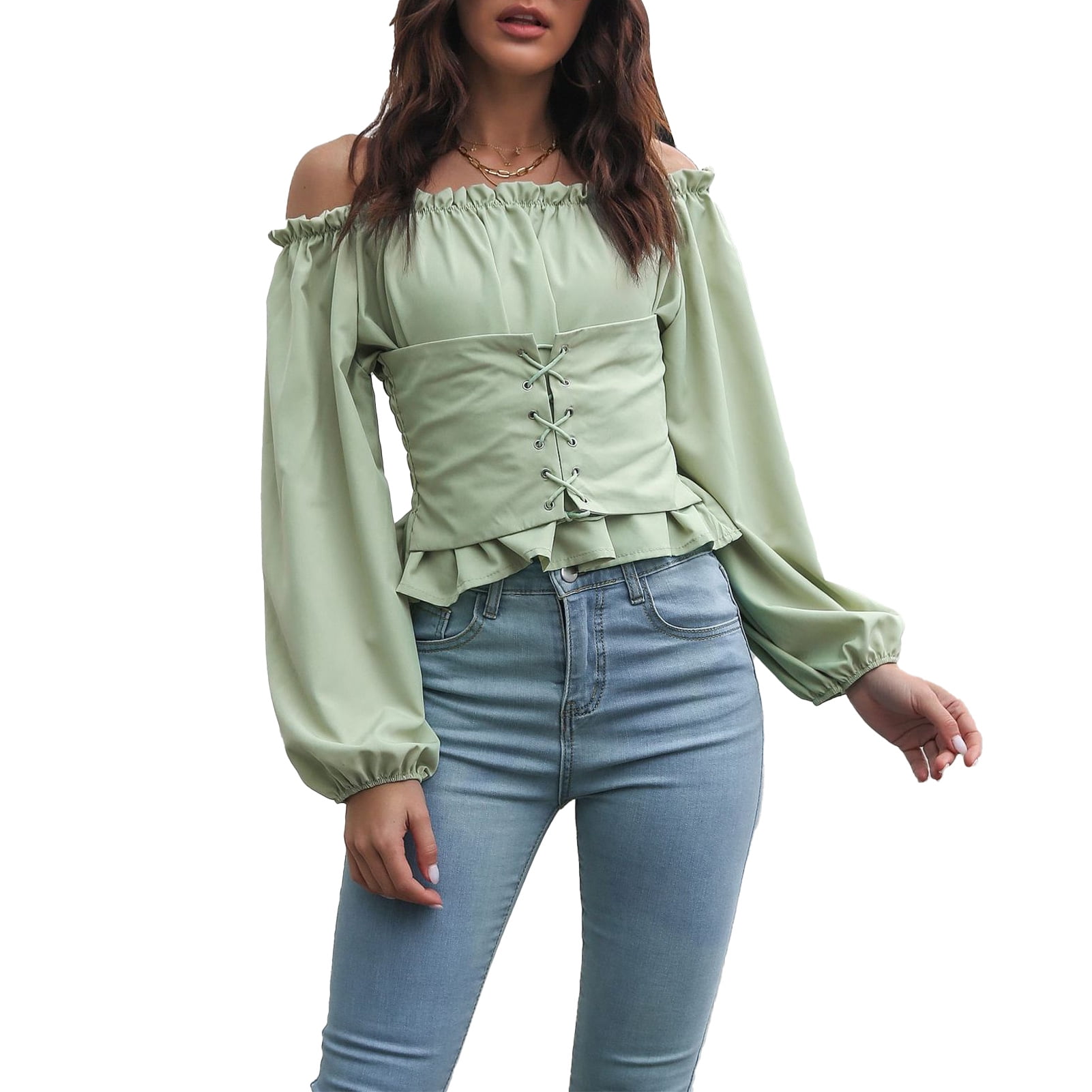 トップス long blouse tee pois Women Off Shoulder Long Puff Sleeve Tops Pure Color Front Lace Up