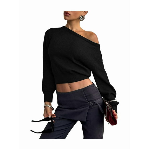 Women Off Shoulder Long Sleeve Cropped Pullover Sweater Top Trendy Boat Neck Soft Ribbed Knit Crop Sweater Black S