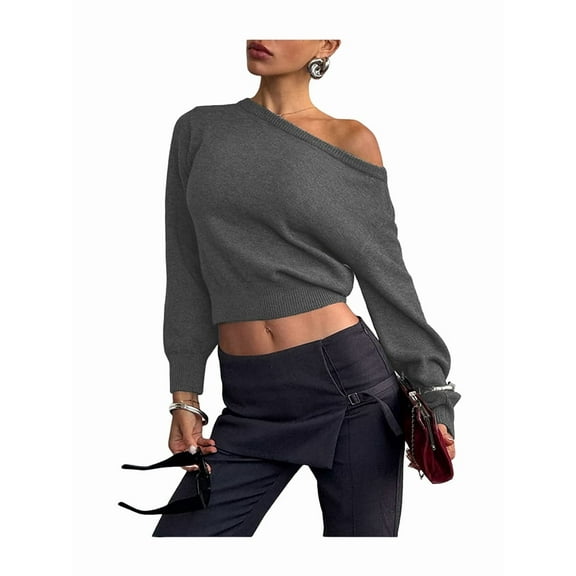 Women Off Shoulder Long Sleeve Cropped Pullover Sweater Top Trendy Boat Neck Soft Ribbed Knit Crop Sweater Gray L