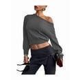 thumbnail image 1 of Women Off Shoulder Long Sleeve Cropped Pullover Sweater Top Trendy Boat Neck Soft Ribbed Knit Crop Sweater Gray S, 1 of 8
