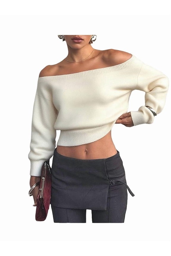 Women Off Shoulder Long Sleeve Pullover Sweater Top Trendy Boat Neck Soft Ribbed Knit Crop Sweater  L