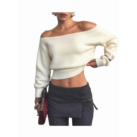 Women Off Shoulder Long Sleeve Pullover Sweater Top Trendy Boat Neck Soft Ribbed Knit Crop Sweater M