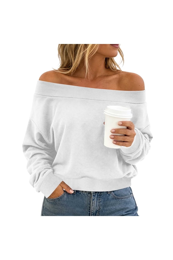 Women Off Shoulder Long Sleeve Sweatshirt, Solid Loose Casual Blouse, Slouchy Lounge Layering Top, Street Dating Travel Sport Tunic