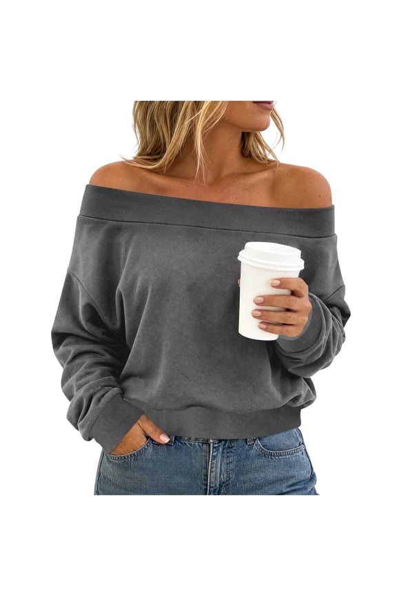 Women Off Shoulder Long Sleeve Sweatshirt, Solid Loose Casual Blouse, Slouchy Lounge Layering Top, Street Dating Travel Sport Tunic
