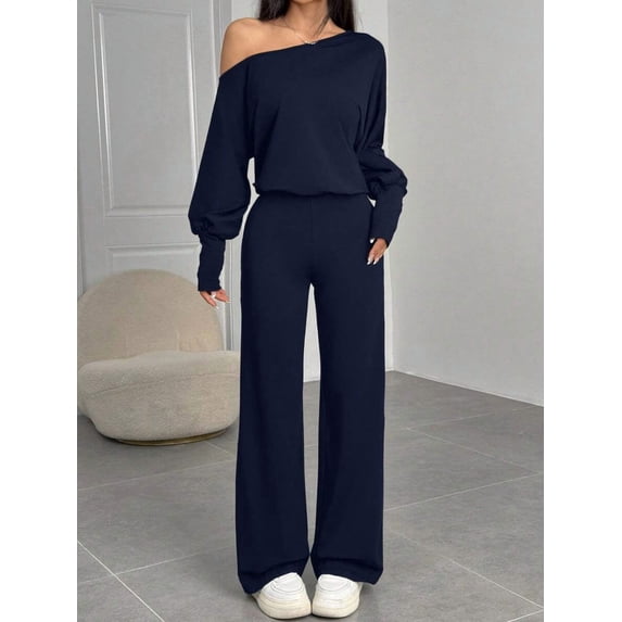 Women Off Shoulder Long Sleeve Wide Leg Jumpsuit Casual Daily Going Out Outfit