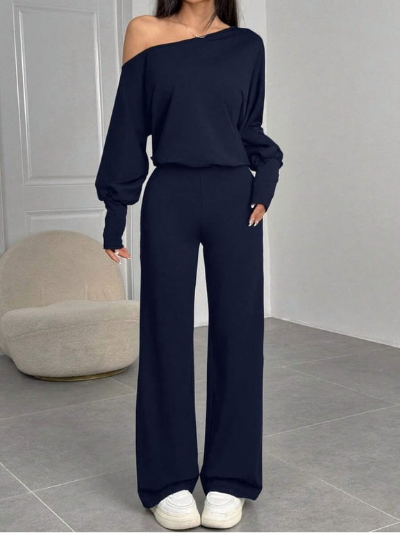 Women Off Shoulder Long Sleeve Wide Leg Jumpsuit Casual Daily Going Out Outfit