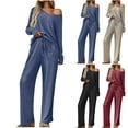 thumbnail image 1 of Women Off Shoulder Loungewear Set Long Sleeve 2 Piece Outfits Casual Sleepwear Knit Lounge Set Comfy Homewear Pajamas, 1 of 7
