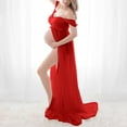 thumbnail image 1 of Women Off Shoulder Maternity Gown Solid Mesh High-Split Maxi Dress for Pregnancy Photoshoots Baby Shower Red XL, 1 of 7