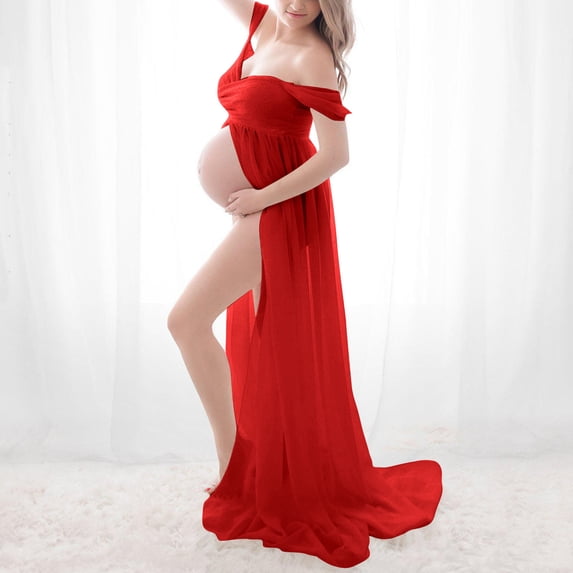 Women Off Shoulder Maternity Gown Solid Mesh High-Split Maxi Dress for Pregnancy Photoshoots Baby Shower Red XL