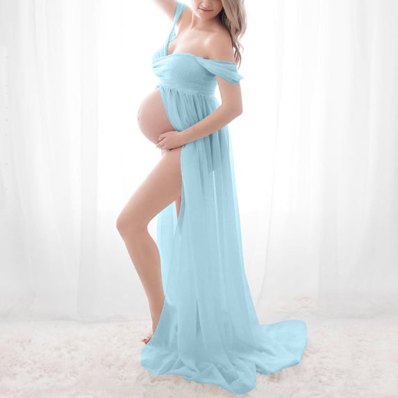 Women Off Shoulder Maternity Gown Solid Mesh High-Split Maxi Dress for Pregnancy Photoshoots Baby Shower Sky Blue XL