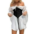 thumbnail image 1 of Women Off Shoulder Mesh Mini Dress Long Puff Sleeve Big Bell Sleeve A-line Swing Dress with Sleeveless Lace Up Bustier Corset, 1 of 6