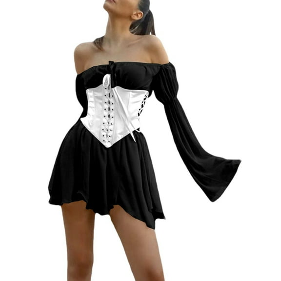 Women Off Shoulder Mesh Mini Dress Long Puff Sleeve Big Bell Sleeve A-line Swing Dress with Sleeveless Lace Up Bustier Corset