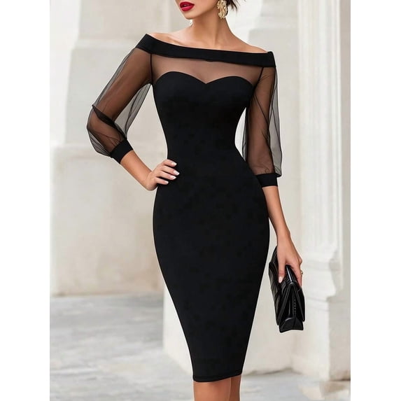 Women Off Shoulder Mesh Patchwork 3/4 Sleeve Midi Dress Sweetheart Neck Bodycon Evening Party Dress