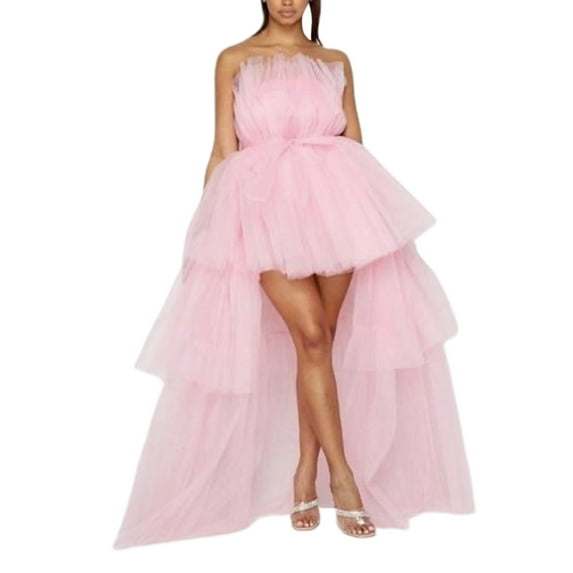 Women Off Shoulder Mesh Tulle Dress Tiered Tube Tutu Long High Low Puffy Dress Prom Evening Fairy Gowns