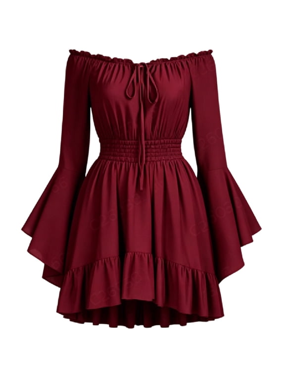 Women Off‑Shoulder Mini Dress Bell Long Sleeve Smocked Waist Ruffle Hem Boho Dress Wine M