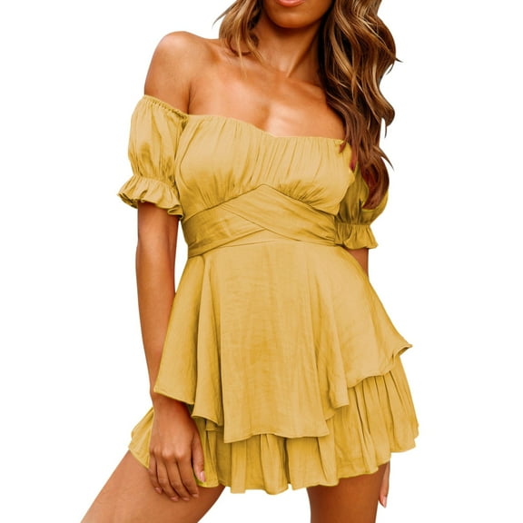 Women Off Shoulder Romper Dress Puff Short Sleeve Wrap Corset Mini Dress Ruffle Shorts Jumpsuit Pirate Dresses