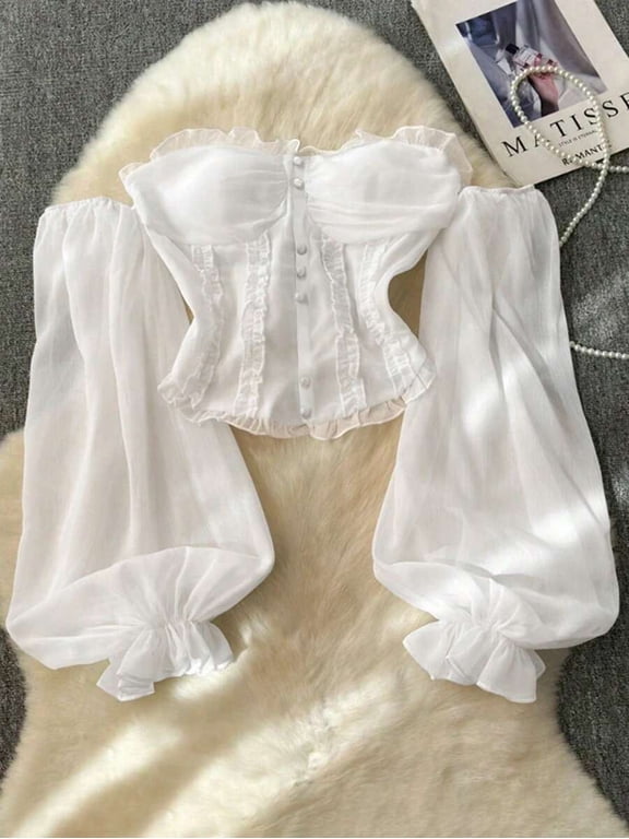 Women Off Shoulder Ruffle Cropped Top Puff Sleeve Faux Pearl Button Elegant Party Blouse