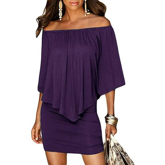 Women Off Shoulder Ruffles Bodycon Mini Dress