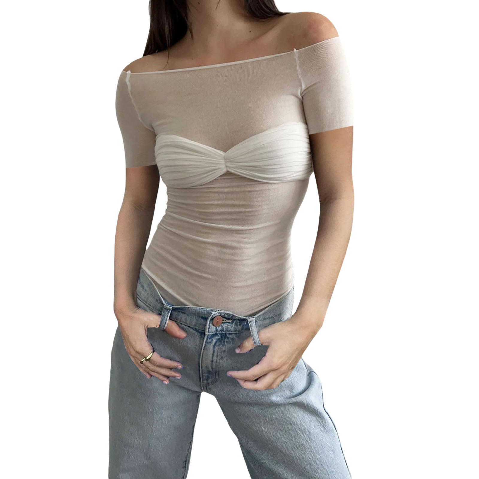 ★COOR★ Townslop Low Cut Long Sleeve Off White CXF2TS11K-OW Sammy Off-The-Shoulder Top in navy | Ramy Brook