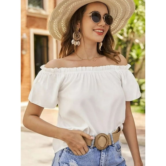 New Women Off Shoulder Slash Neck Solid Color Cotton Ladies Tops