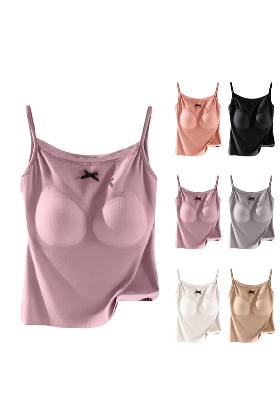 Women Off Shoulder Spaghetti Strap Camisole Lace Trim Built In Bra Top Soft Stretchy Seamless Innerwear Tank Top