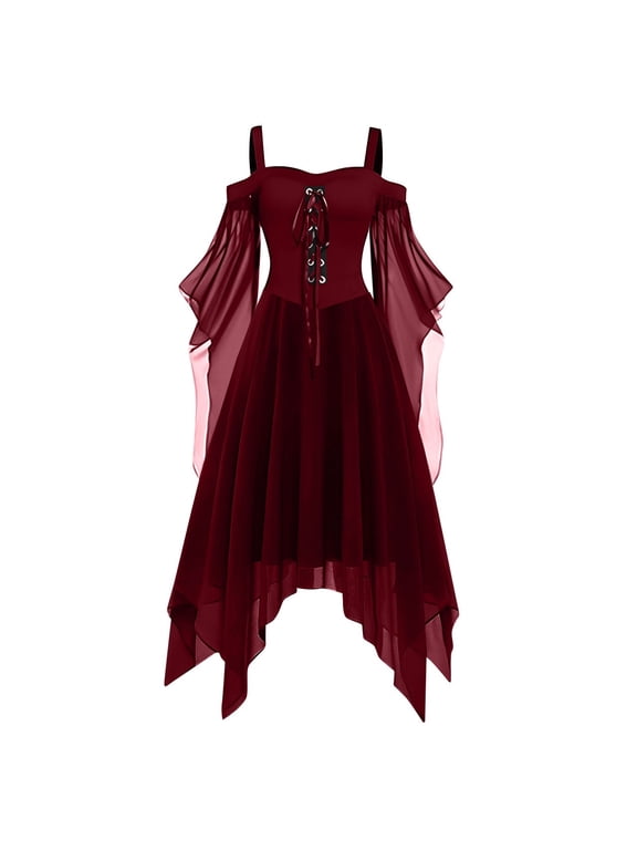 Women Off Shoulder Spaghetti Strap Irregular Hem Dress Chiffon Butterfly Sleeve Gothic Style Medieval Costume Lace Up Bodice