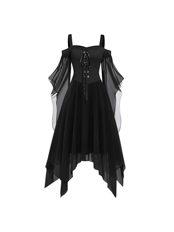 Women Off Shoulder Spaghetti Strap Irregular Hem Dress Chiffon Butterfly Sleeve Gothic Style Medieval Costume Lace Up Bodice