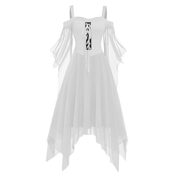 Women Off Shoulder Spaghetti Strap Irregular Hem Dress Chiffon Butterfly Sleeve Gothic Style Medieval Costume Lace Up Bodice
