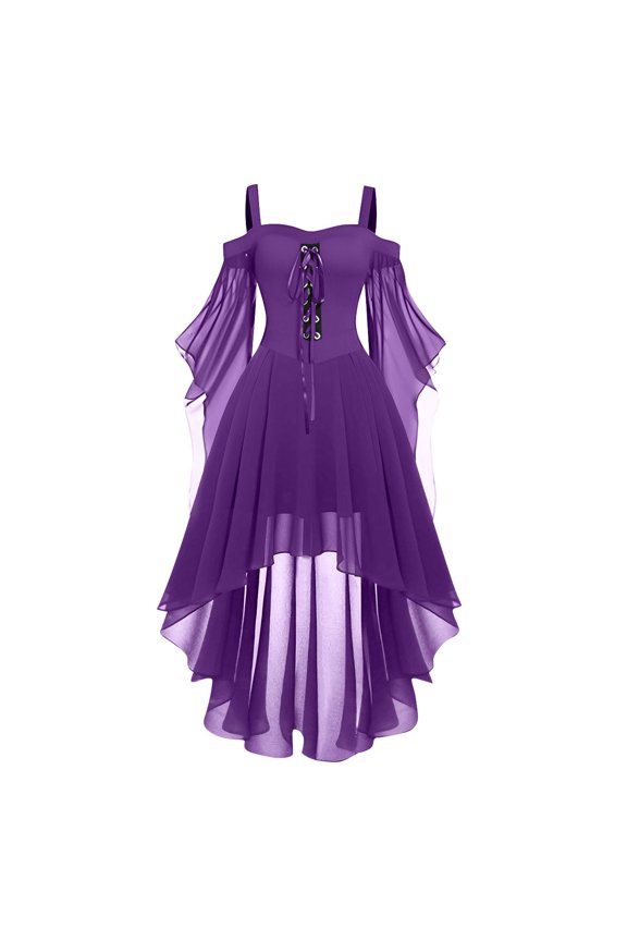 Women Off Shoulder Spaghetti Strap Irregular Hem Dress Chiffon Gothic Medieval Style Lace Up Bodice Layered Skirt Butterfly Sleeve Design