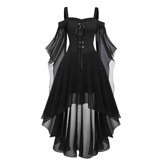 Women Off Shoulder Spaghetti Strap Irregular Hem Dress Chiffon Gothic Medieval Style Lace Up Bodice Layered Skirt Butterfly Sleeve Design