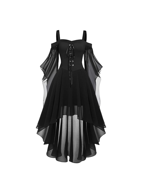 Women Off Shoulder Spaghetti Strap Irregular Hem Dress Chiffon Gothic Medieval Style Lace Up Bodice Layered Skirt Butterfly Sleeve Design