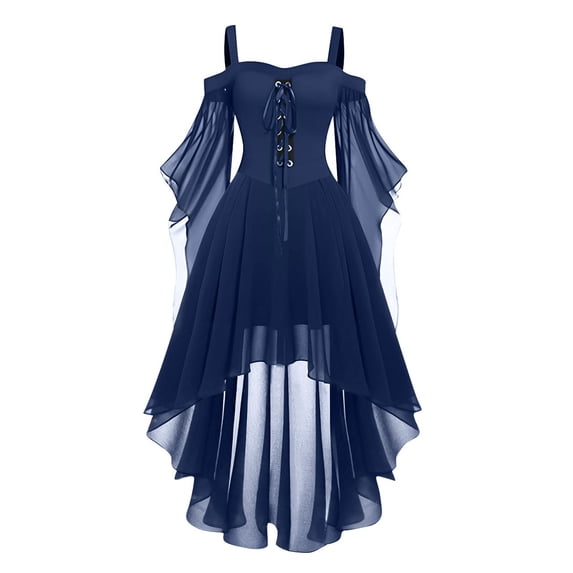Women Off Shoulder Spaghetti Strap Irregular Hem Dress Chiffon Gothic Medieval Style Lace Up Bodice Layered Skirt Butterfly Sleeve Design