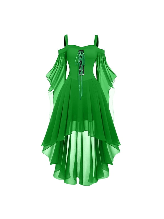 Women Off Shoulder Spaghetti Strap Irregular Hem Dress Chiffon Gothic Medieval Style Lace Up Bodice Layered Skirt Butterfly Sleeve Design