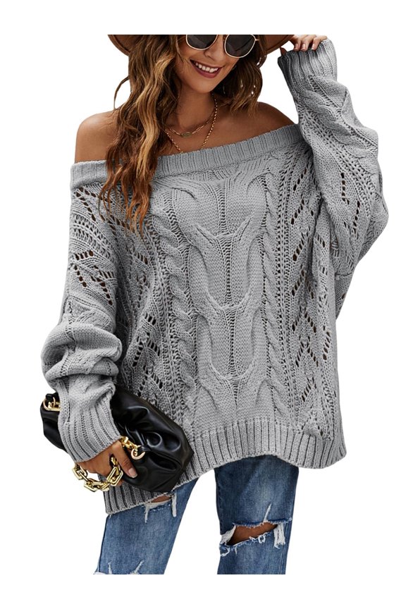 Women Off Shoulder Sweater Long Sleeve Knit Sweater Loose Pullover Jumper Tops Grey S