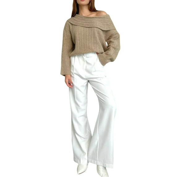 Women Off Shoulder Sweater Top Long Sleeve Knitted Pullover Casual Loose Oversized Trendy Vintage Knitwear Tops Khaki M